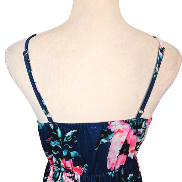 Womens Floral Boho Maxi Dress Adjustable Spaghetti Straps Navy Blue & Pink Small - Picture 10 of 12